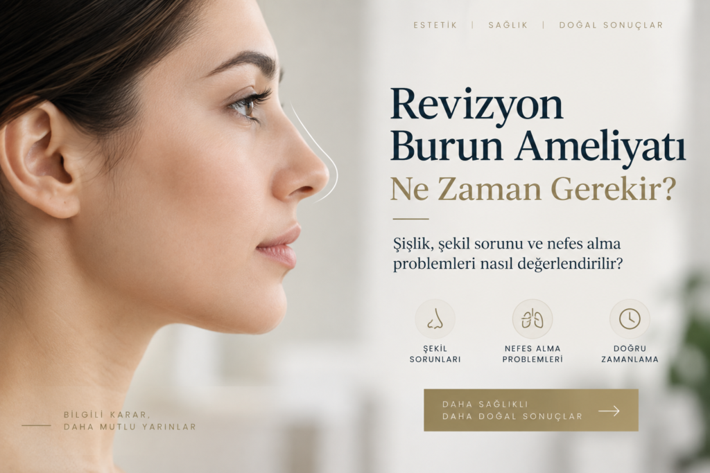Revizyon Burun Ameliyatı Ne Zaman Gerekir? başlıklı, kadın profili içeren temsili bilgilendirme görseli